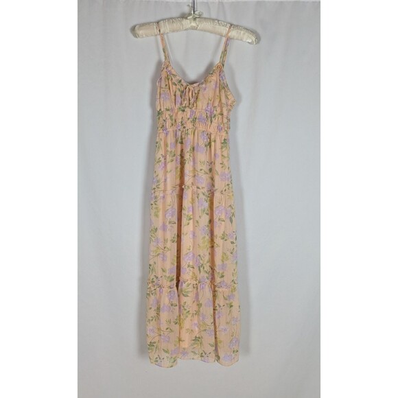 Hippie Rose Dress S Junior's Peach Floral Gold Striped Tiered Midi Delicate - Picture 1 of 7